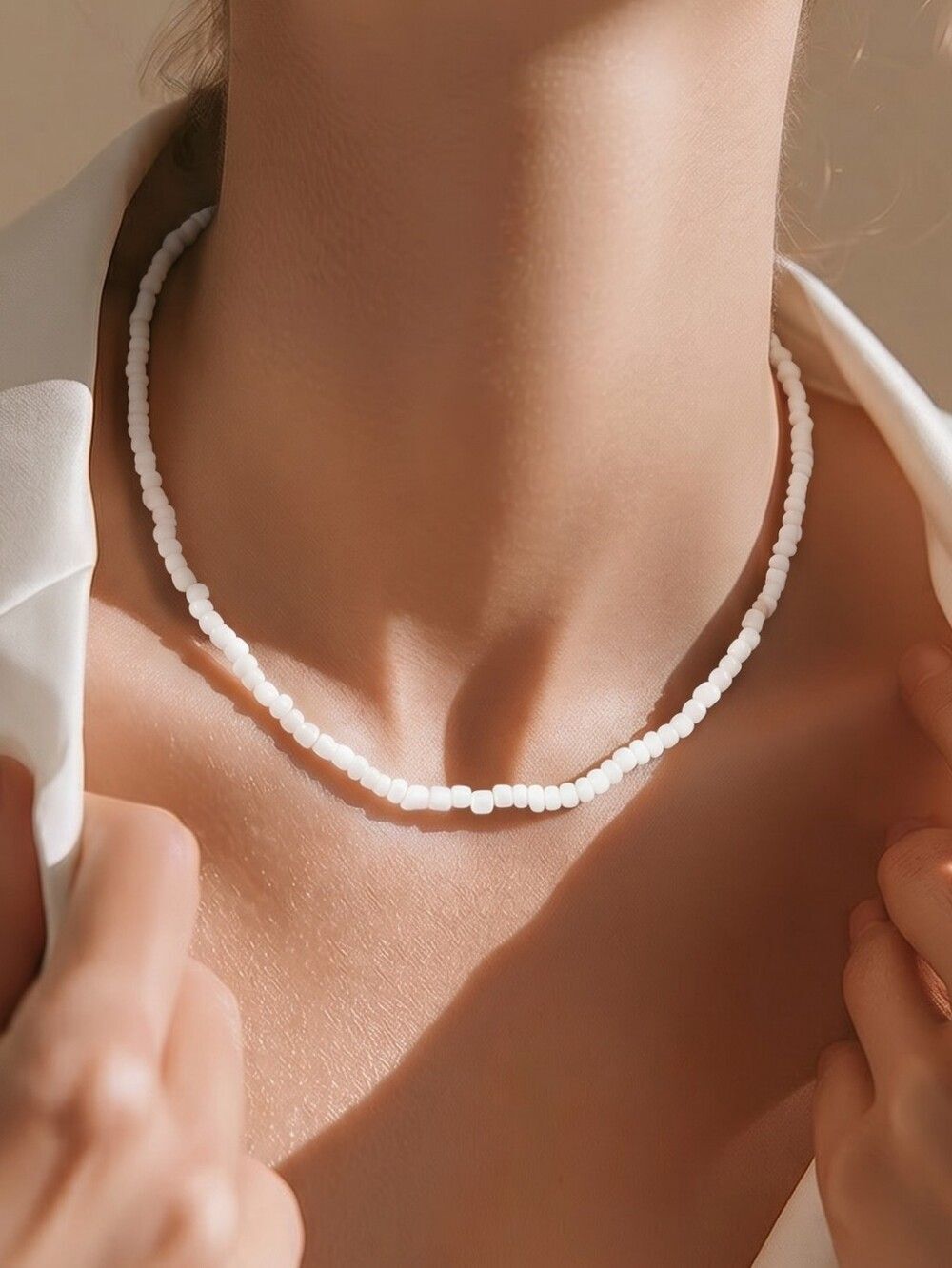 White Beaded Necklace Shimmer Pearlcore Adjustable Choker Clean Girl Coastal